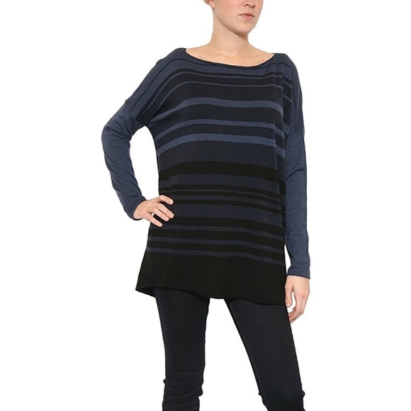 Vince Merino Wool Blend Ink Blue Variegated Stripe Boatneck Sweater Size XS - Picture 1 of 10